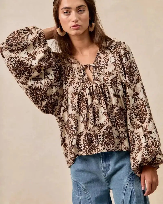 BiBi Printed Woven Front Tied Blouse with Baloon Sleeve - Sleekdenim.com