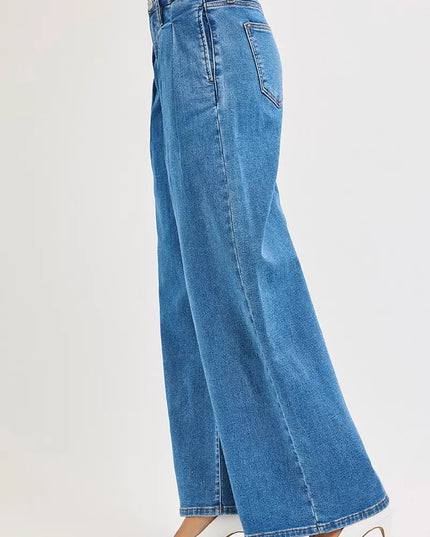 RISEN Full Size Mid Rise Fit Wide Leg with Pleated Detail Jeans Plus Size - Sleekdenim.com