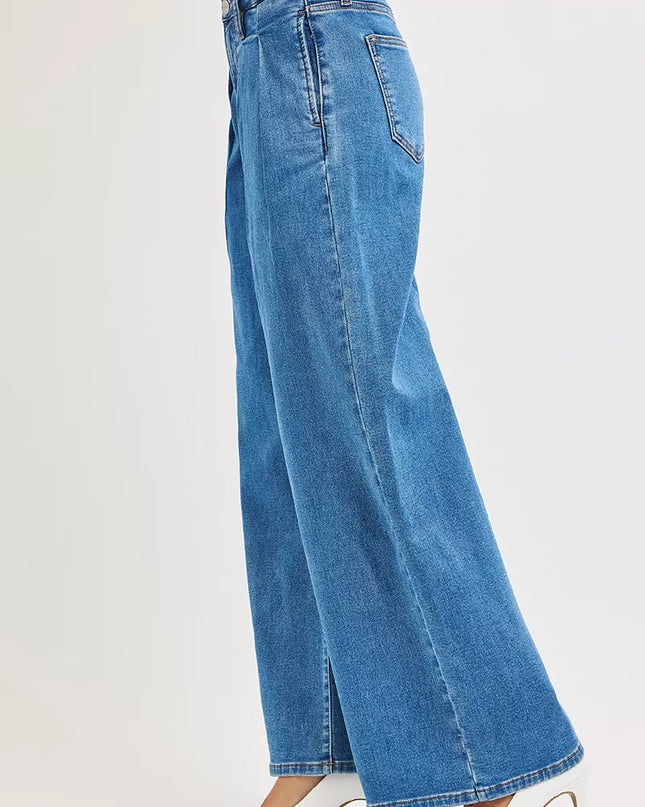 RISEN Full Size Mid Rise Fit Wide Leg with Pleated Detail Jeans Plus Size - Sleekdenim.com