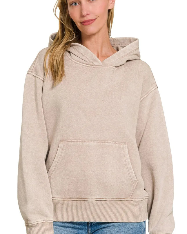 Zenana Fleece Acid Wash Kangaroo Pocket Hoodie - Sleekdenim.com