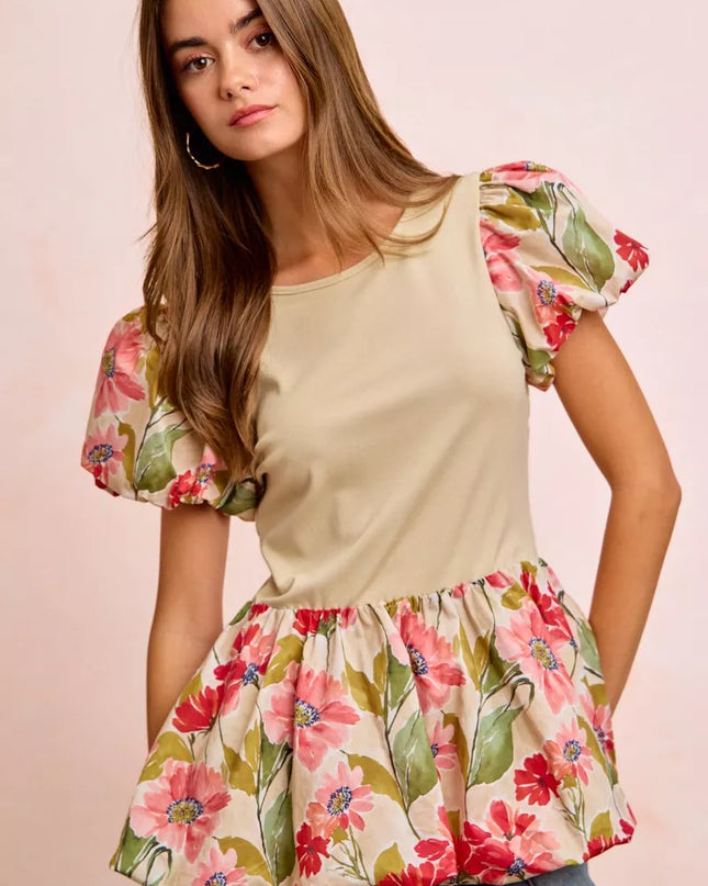 BiBi Floral Printed Bubble Sleeves and Hem Peplum Top - Sleekdenim.com