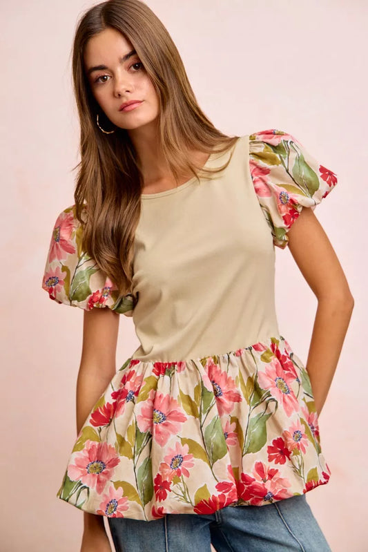 BiBi Floral Printed Bubble Sleeves and Hem Peplum Top - Sleekdenim.com