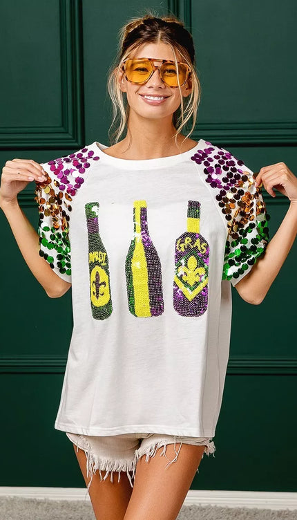 BiBi Sequin Mardi Gras Bottles Spangled Sleeve Top - 4