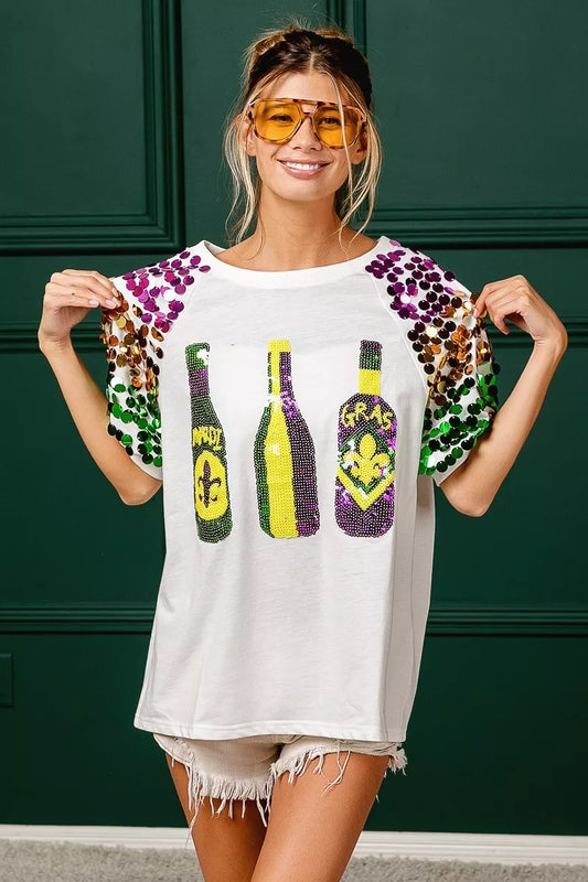 BiBi Sequin Mardi Gras Bottles Spangled Sleeve Top - 4