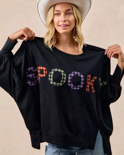 BiBi Spook Plaid Letter Print Oversized Sweatshirt - Sleekdenim.com