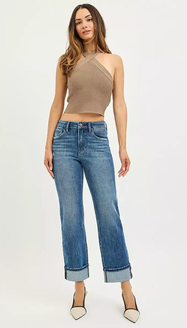 Risen 4 Way Stretch Slouchy Straight Jeans with Cuffed Hem - PSC21468 DARK - Sleekdenim.com