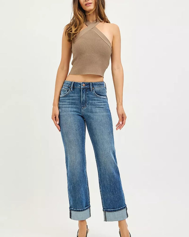 RISEN Full Size 4 Way Stretch Slouchy Straight Jeans with Cuffed Hem Plus Size - Sleekdenim.com