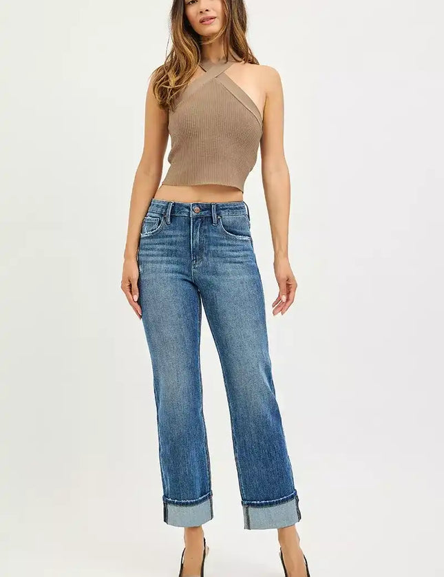 Risen 4 Way Stretch Slouchy Straight Jeans with Cuffed Hem - PSC21468 DARK - Sleekdenim.com