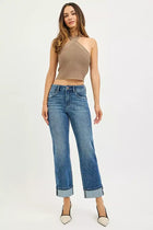 Risen 4 Way Stretch Slouchy Straight Jeans with Cuffed Hem - PSC21468 DARK - Sleekdenim.com