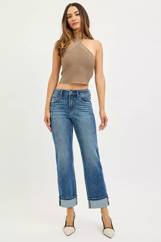 Risen 4 Way Stretch Slouchy Straight Jeans with Cuffed Hem - PSC21468 DARK - Sleekdenim.com