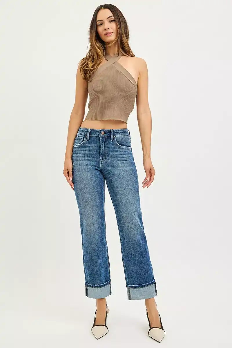 Risen 4 Way Stretch Slouchy Straight Jeans with Cuffed Hem - PSC21468 DARK