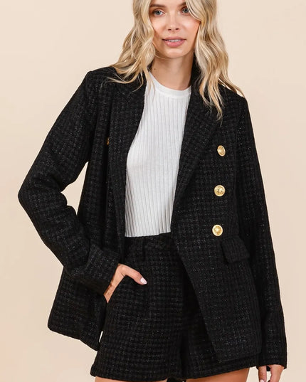 Mittoshop Plaid Texture Double-Breasted Long Sleeve Blazer - Sleekdenim.com