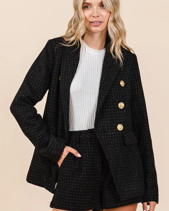 Mittoshop Plaid Texture Double-Breasted Long Sleeve Blazer - Sleekdenim.com