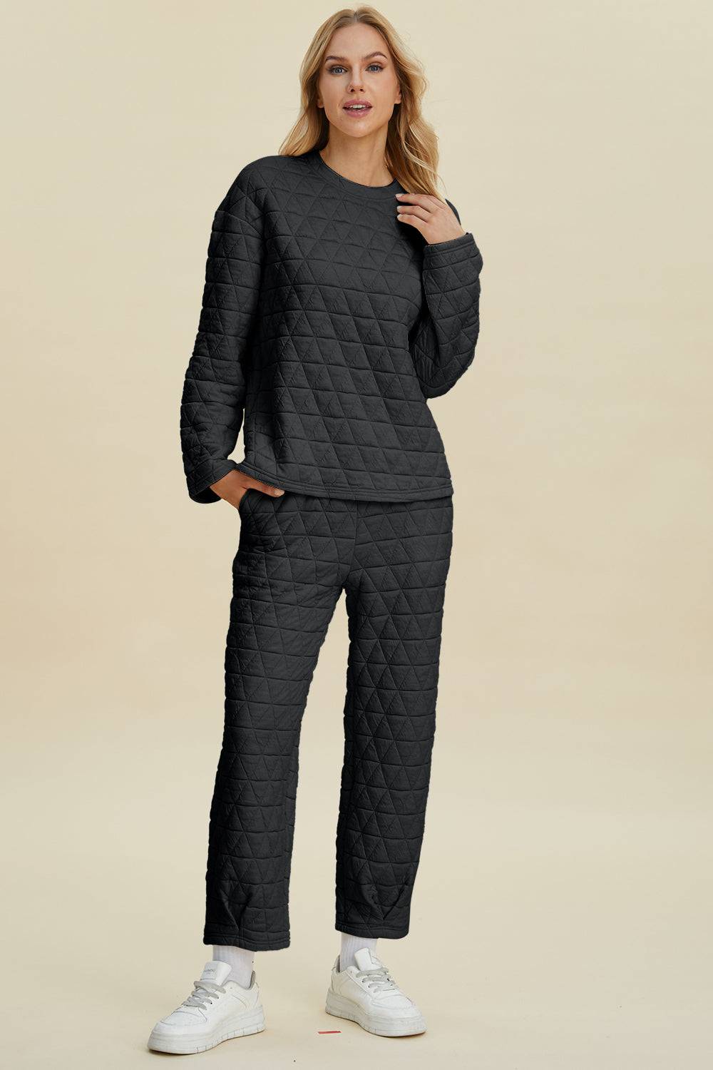 Double Take Full Size Texture Round Neck Long Sleeve Top and Pants Set | Sleekdenim.com