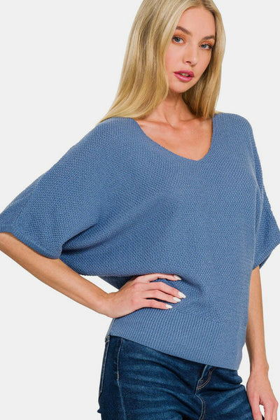 Zenana V-Neck Short Sleeve Dolman Sweater Dusty Blue