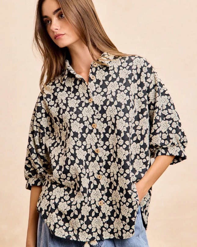 BiBi Floral Jacquard Short Dolman Sleeves Shirt - Sleekdenim.com