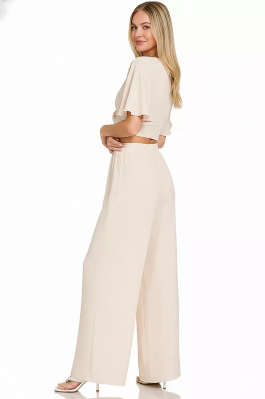 Zenana Woven Airflow Twisted Top & Wide Leg Pants Set - Detail View 2