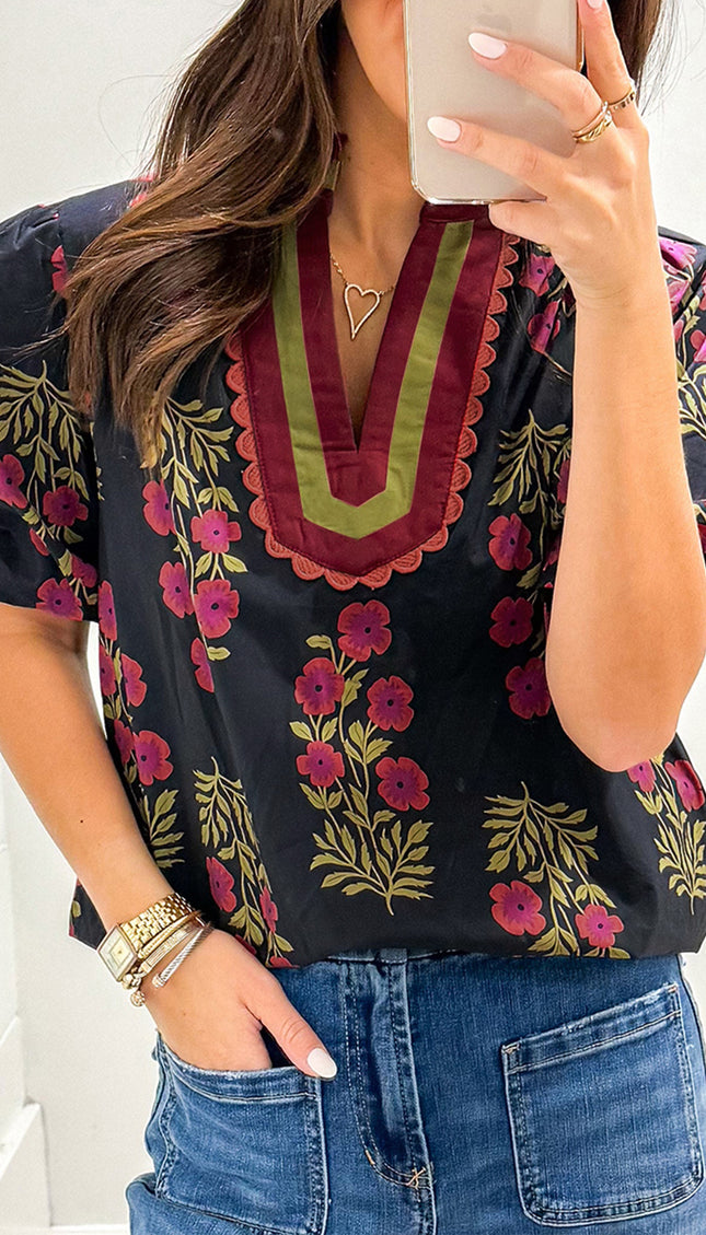 Black Floral Short Bubble Sleeve Contrast Slit Neckline Blouse - Sleekdenim.com