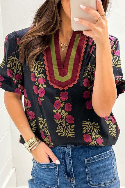 Black Floral Short Bubble Sleeve Contrast Slit Neckline Blouse - Sleekdenim.com