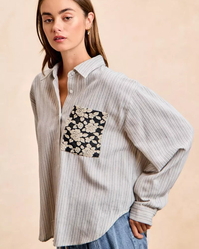 BiBi Flower Jacquard Knit Patch Pocket Stripe Shirt - Sleekdenim.com