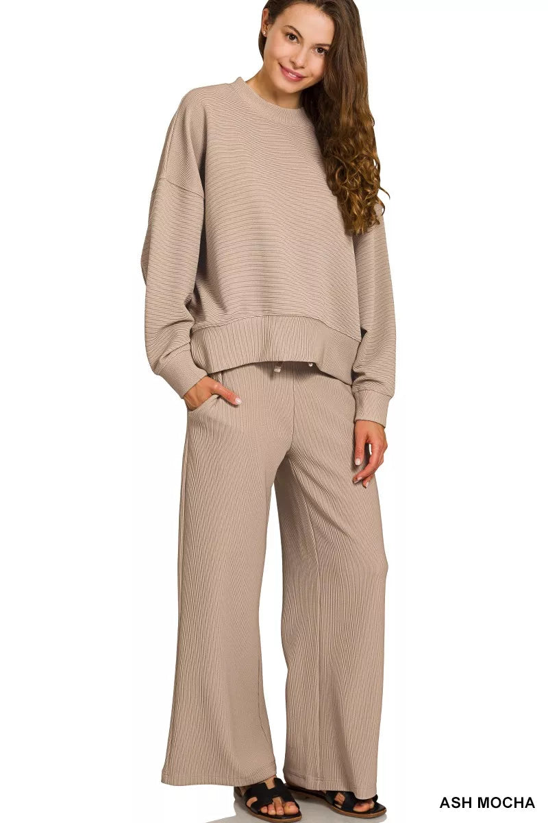 Zenana Ribbed Round Neck Pullover and Drawstring Pants Set - Sleekdenim.com