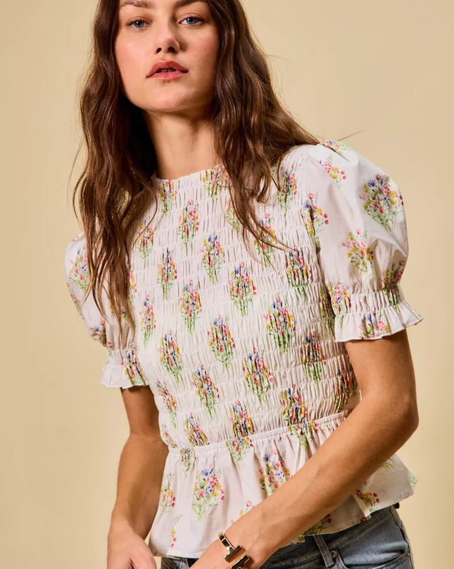 SO ME Floral Cotton Smocked Short Sleeves Blouse - Sleekdenim.com