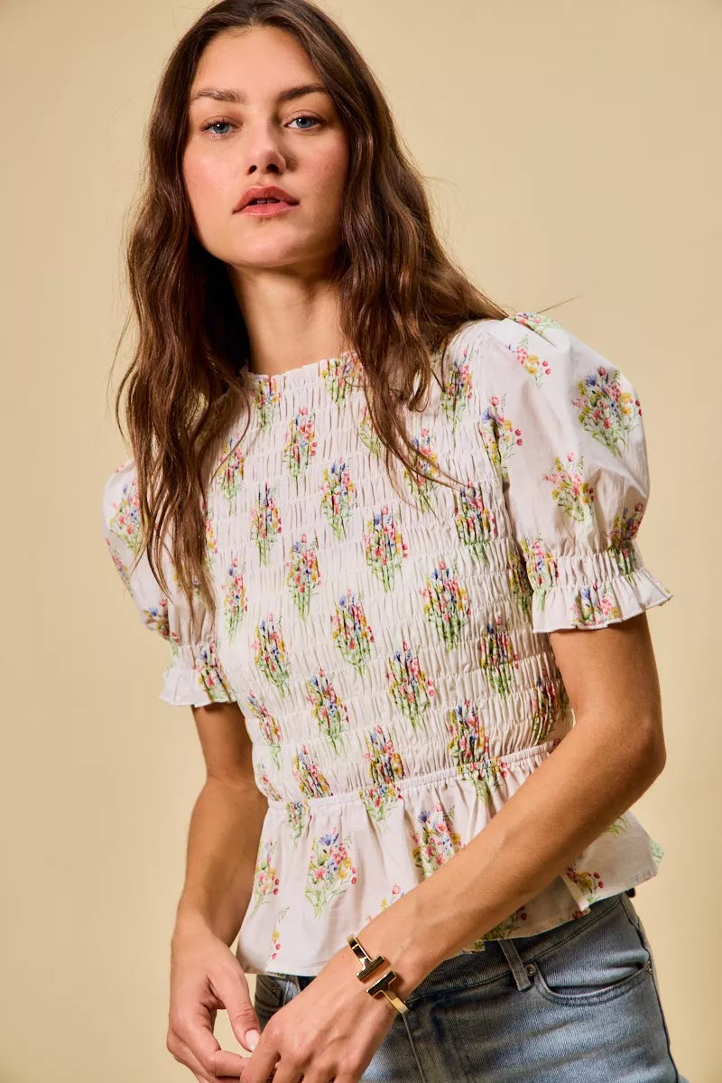 SO ME Floral Cotton Smocked Short Sleeves Blouse - Sleekdenim.com