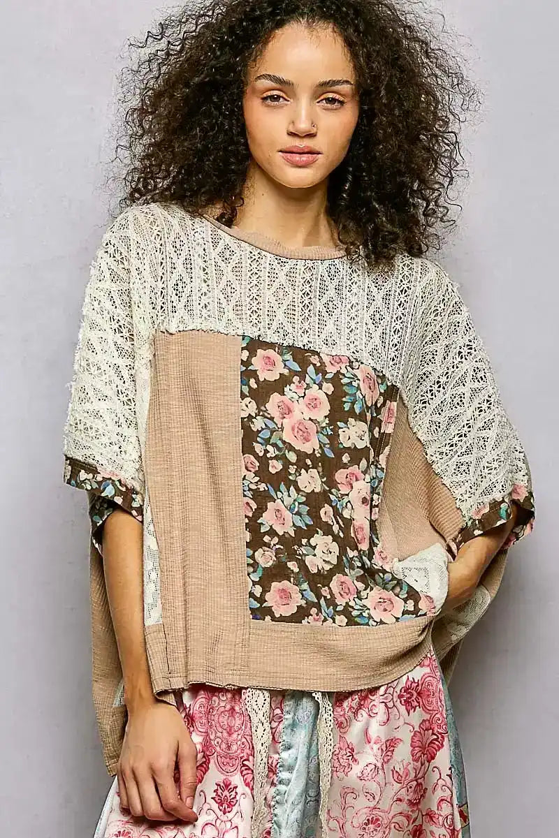 POL Floral Patchwork Lace Accent Blouse - Sleekdenim.com