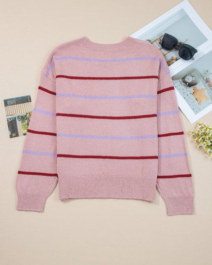 Stripe Ribbed Trim Drop Shoulder Sweater - Sleekdenim.com