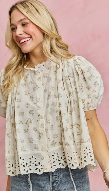 SO ME Floral Print Lace Trim Short Sleeves Blouse - Sleekdenim.com