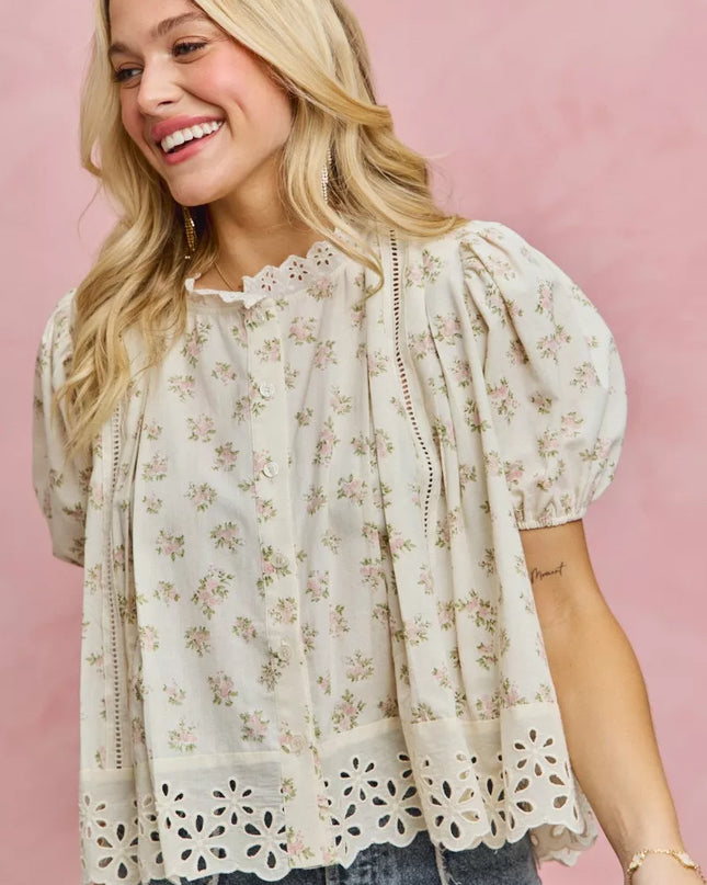 SO ME Floral Print Lace Trim Short Sleeves Blouse - Sleekdenim.com