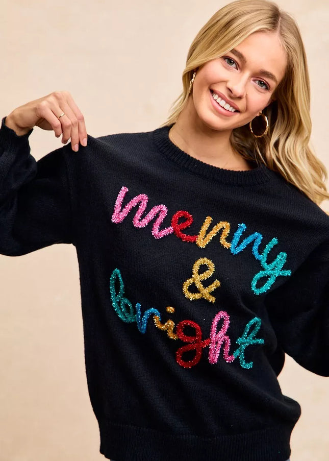 BiBi Tinsel Lettering Christmas Sweater - Sleekdenim.com