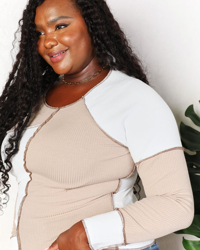 Double Take Color Block Exposed Seam Top - Sleekdenim.com