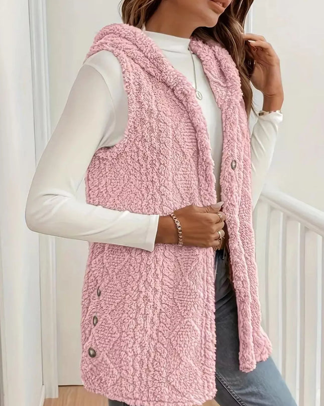 Hooded Button-Up Sherpa Vest Coat - Sleekdenim.com