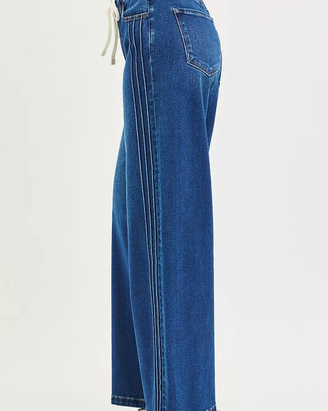 RISEN Full Size Mid Rise Wide Side Pintuck Jeans with Front Drawstring Plus Size - Sleekdenim.com