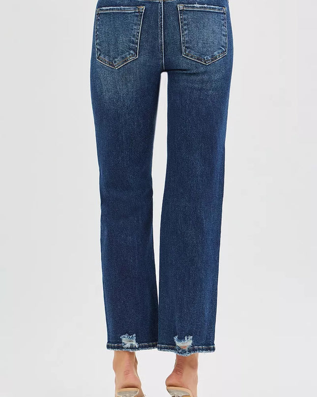 RISEN High Rise Crop Slim Straight Jenas with Hidden Knee Patch - Sleekdenim.com