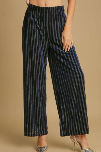 Umgee Full Size Elastic Waist Striped Wide Leg Velvet Pants Navy