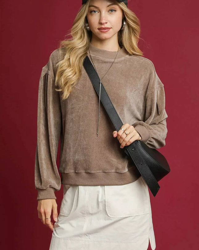 Umgee Velour Crewneck Balloon Sleeve Sweatshirt - Sleekdenim.com