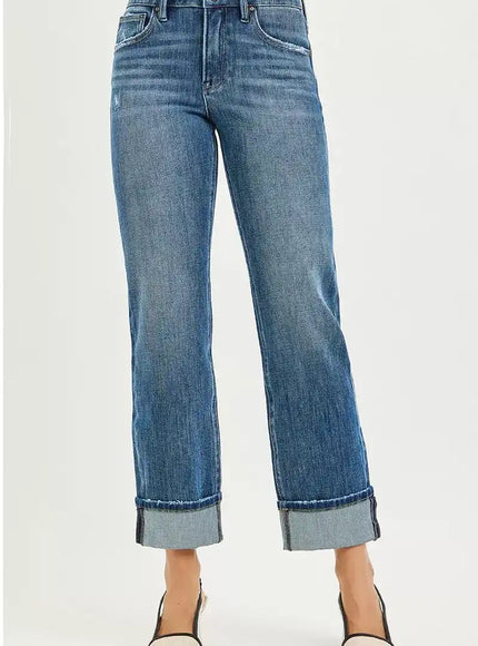 Risen 4 Way Stretch Slouchy Straight Jeans with Cuffed Hem - PSC21468 DARK - Sleekdenim.com