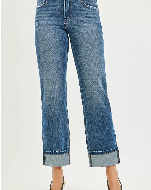 RISEN Full Size 4 Way Stretch Slouchy Straight Jeans with Cuffed Hem Plus Size - Sleekdenim.com
