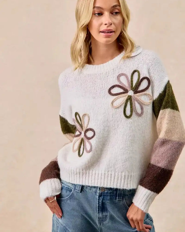 BiBi Flower Color Block Sweater - Sleekdenim.com