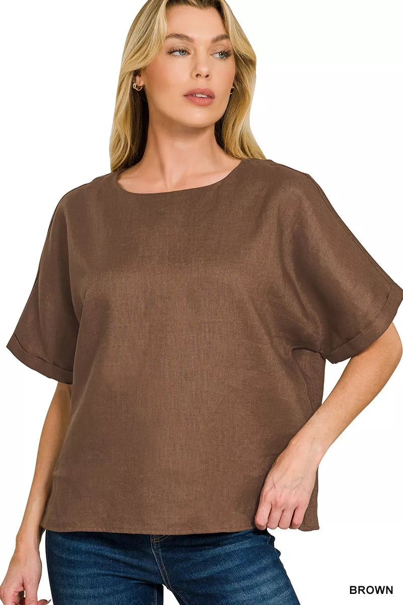 Zenana Linen Round Neck Cuffed Sleeve Top - Image 1