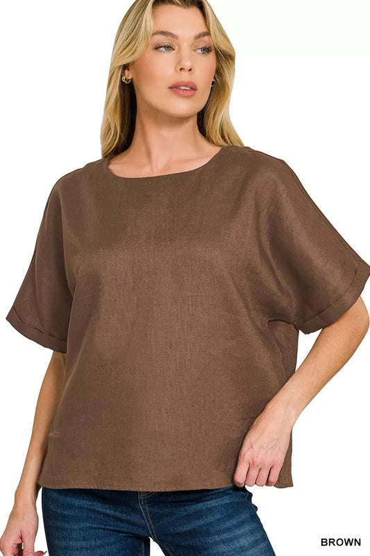 Zenana Linen Round Neck Cuffed Sleeve Top - Image 1