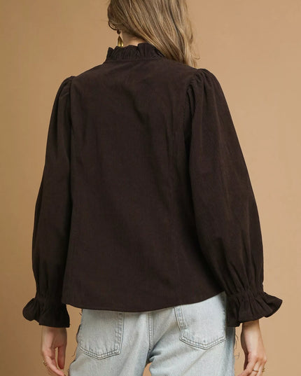 Umgee Corduroy Ruffle Shirt with Long Puff Sleeves - Sleekdenim.com