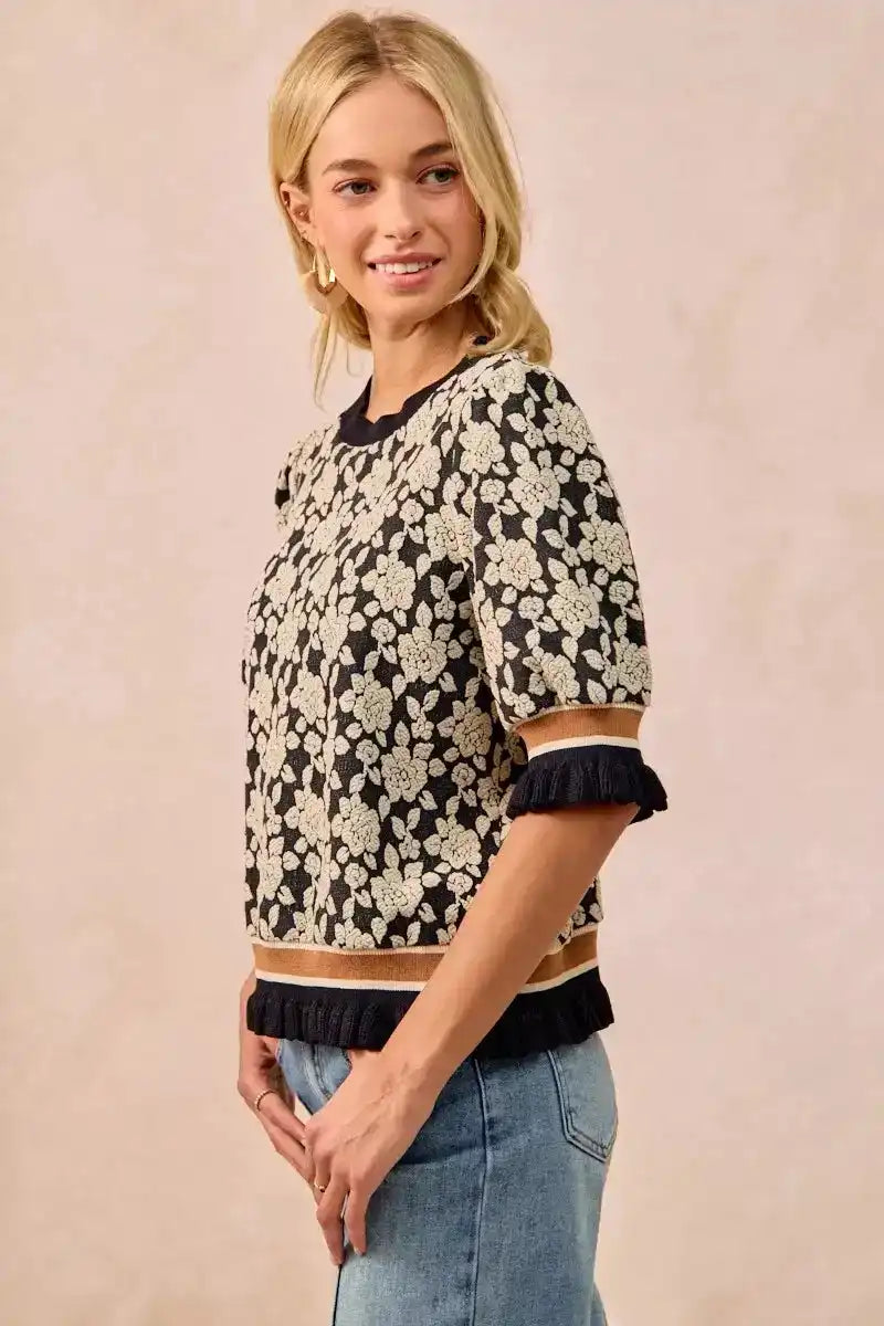 BiBi Textured Rose Knit Top Contrast Banded Puff Sleeve - Sleekdenim.com