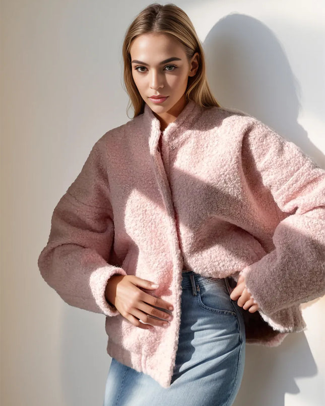 Double Take Plush Mock Neck Snap Down Jacket with Pockets - Sleekdenim.com