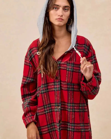 BiBi Brushed Plaid Hooded Jacket - Sleekdenim.com