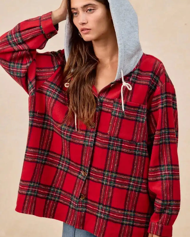 BiBi Brushed Plaid Hooded Jacket - Sleekdenim.com