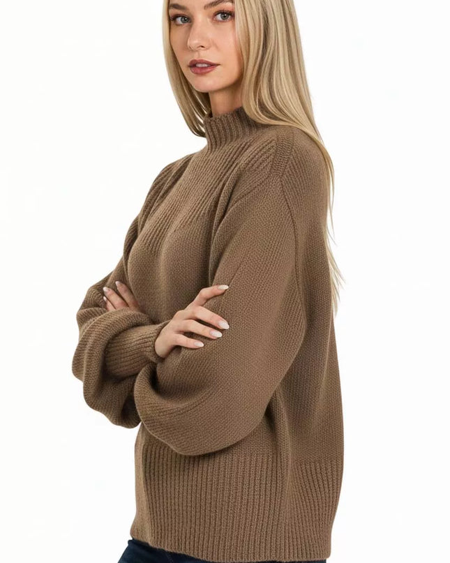 Zenana Balloon Sleeve Mock Neck Sweater - Sleekdenim.com