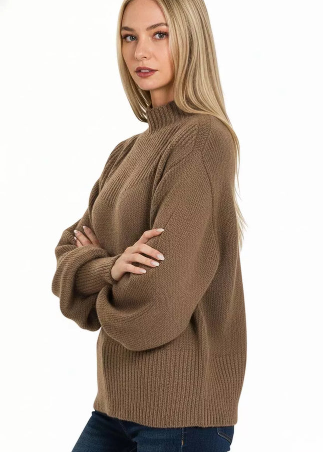 Zenana Balloon Sleeve Mock Neck Sweater - Sleekdenim.com